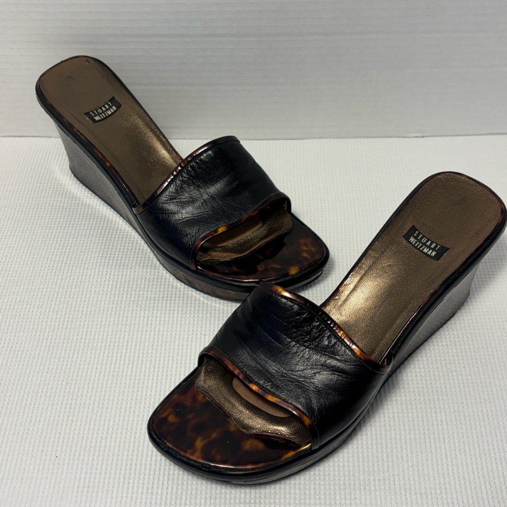 Stuart Weitzman Black Leather Wedge Slides with Tortoiseshell Accents